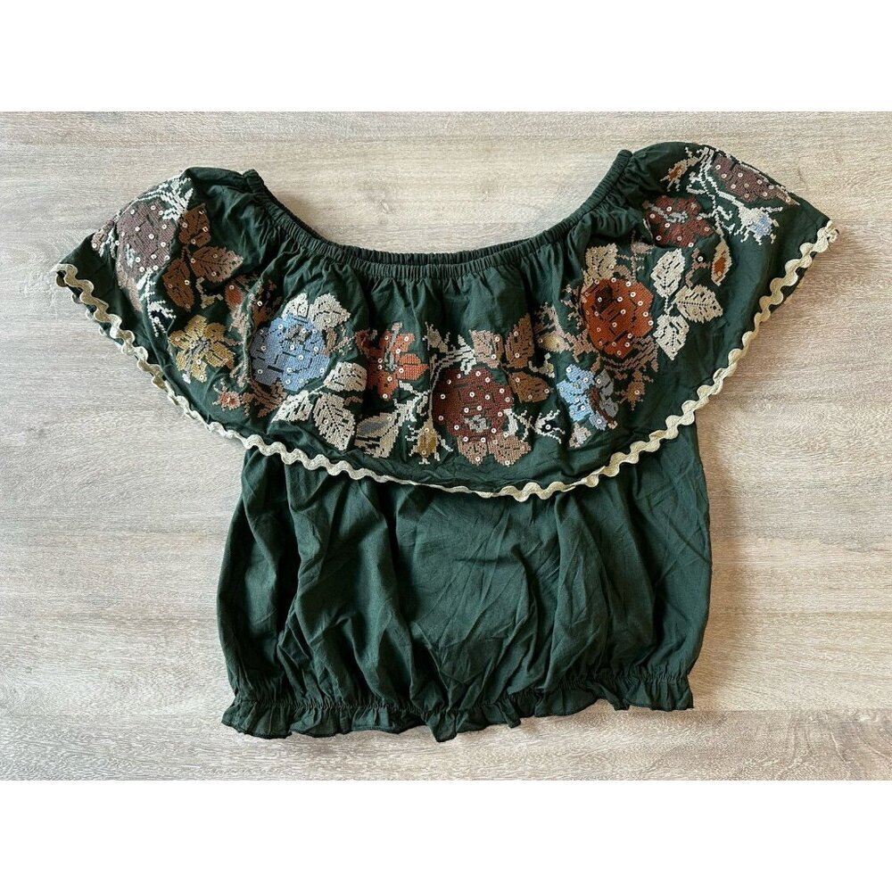 Miss June Paris Chiquita Off the Shoulder Top Green Small Needlepoint Sequins - Picture 7 of 11